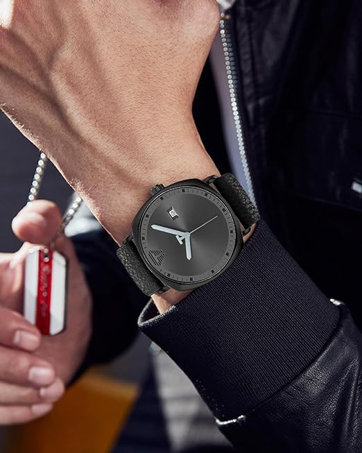 TOMI T-044 Men's Watch Quartz Date Leather Strap (Black)