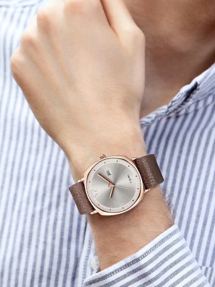 TOMI T-044 Men's Watch Quartz Date Leather Strap (Brown)