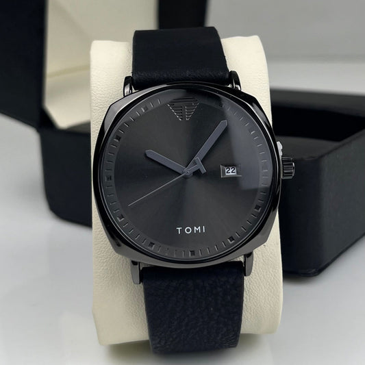TOMI T-044 Men's Watch Quartz Date Leather Strap (Black)