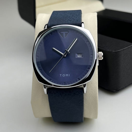 TOMI T-044 Men's Watch Quartz Date Leather Strap (Blue)