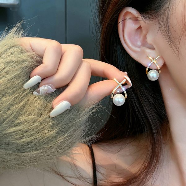 Elegant Golden Cross Pearl Zircon Earings Pearl Stud Earrings Women Personality Fashion Unique Design Earrings | Earrings for Women Fashion | Luxury Look Artificial Earrings | Women Earrings