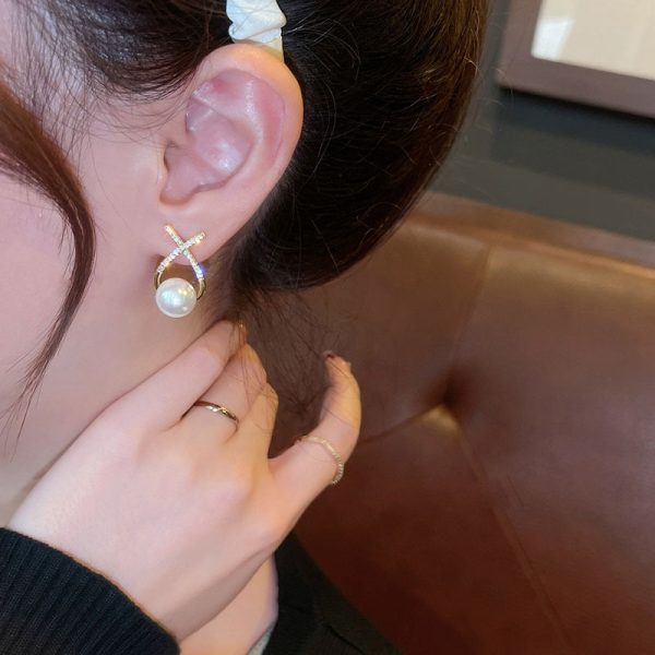 Elegant Golden Cross Pearl Zircon Earings Pearl Stud Earrings Women Personality Fashion Unique Design Earrings | Earrings for Women Fashion | Luxury Look Artificial Earrings | Women Earrings