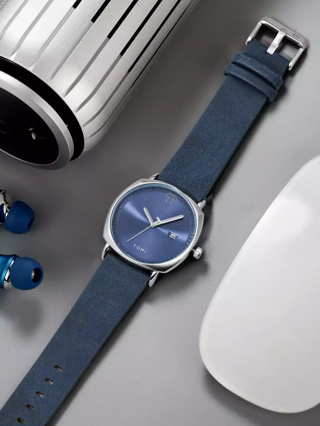 TOMI T-044 Men's Watch Quartz Date Leather Strap (Blue)