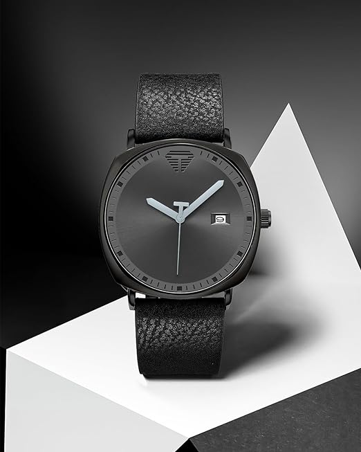 TOMI T-044 Men's Watch Quartz Date Leather Strap (Black)