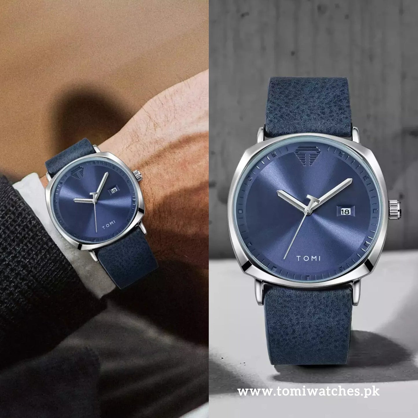 TOMI T-044 Men's Watch Quartz Date Leather Strap (Blue)